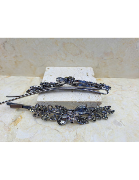Wsuwka do włosów 2 KRYSZTAŁY I 3 KWIATKI GRAFIT 2 SZT. Lolita Accessories