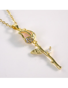 Naszyjnik ze stali chirurgicznej złoty RÓŻOWY TULIPAN...