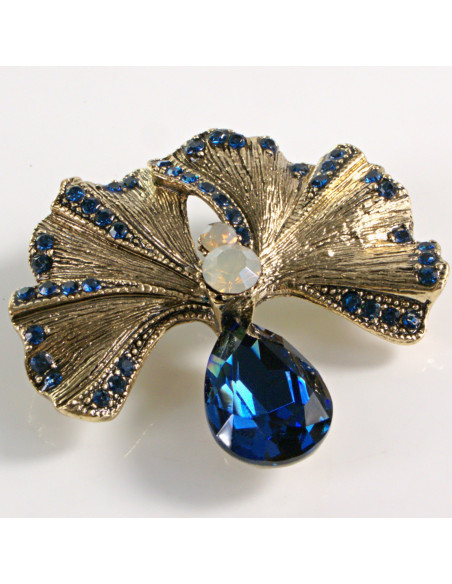 BROSZKA BROSZA ZŁOTY LIŚĆ MIŁORZĘBU Z NIEBIESKIM KAMIENIEM LOLITA AKCESORIA