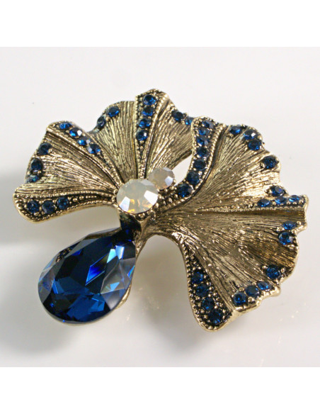 BROSZKA BROSZA ZŁOTY LIŚĆ MIŁORZĘBU Z NIEBIESKIM KAMIENIEM LOLITA AKCESORIA