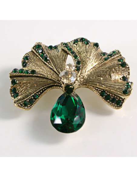 BROSZKA BROSZA ZŁOTY LIŚĆ MIŁORZĘBU Z ZIELONYM OCZKIEM LOLITA AKCESORIA