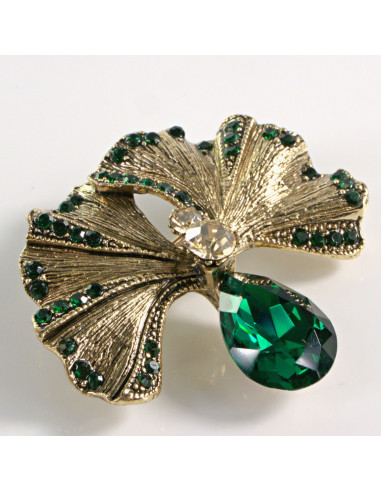 BROSZKA BROSZA ZŁOTY LIŚĆ MIŁORZĘBU Z ZIELONYM...