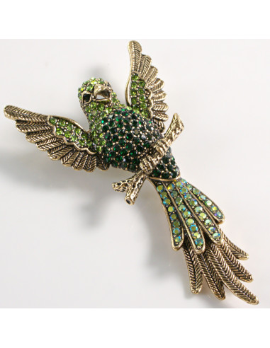 Broszka Brosza ZIELONY PTAK PAPUGA z kamieniami...
