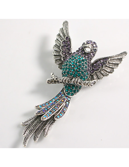 Broszka Brosza TURKUSOWY PTAK PAPUGA z kamieniami Lolita Accessories