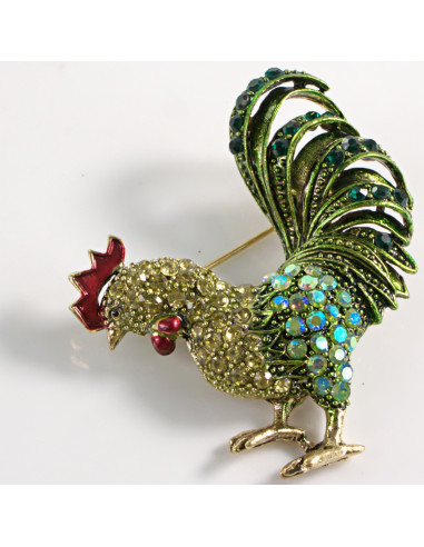 BROSZKA BROSZA ZIELONY KOGUT Z KAMIENIAMI...