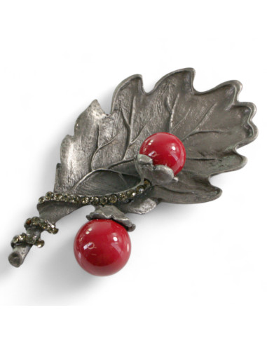 BROSZKA BROSZA GRAFITOWY LIŚĆ DĘBU Z PERŁĄ...