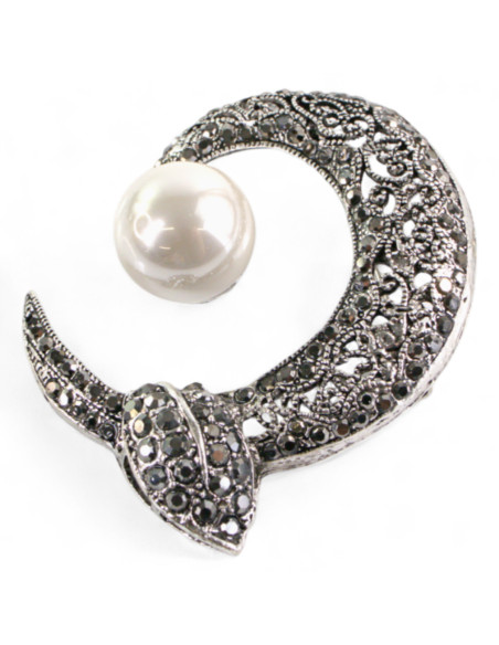 BROSZKA BROSZA WIKTORIAŃSKI AŻUROWY  KSIĘŻYC Z PERŁĄ LOLITA AKCESORIA