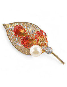 BROSZKA BROSZA ZŁOTY LIŚĆ Z POMARAŃCZOWYM KAMIENIEM...