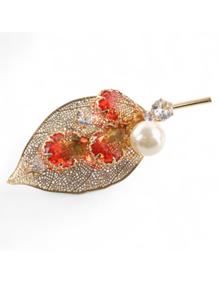 BROSZKA BROSZA ZŁOTY LIŚĆ Z POMARAŃCZOWYM KAMIENIEM LOLITA AKCESORIA