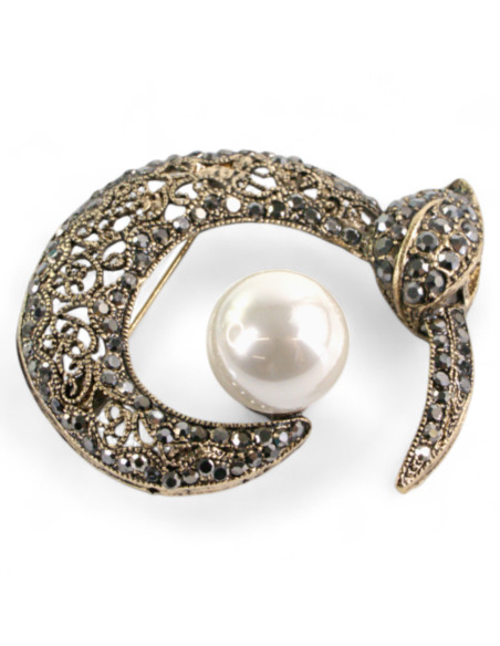 BROSZKA BROSZA WIKTORIAŃSKI AŻUROWY  KSIĘŻYC Z PERŁĄ LOLITA AKCESORIA