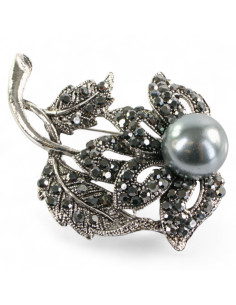 BROSZKA BROSZA SREBRONO -GRAFITOWY KWIAT KWIATEK Z PERŁĄ...