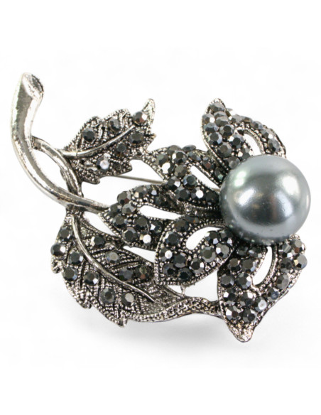 BROSZKA BROSZA SREBRONO -GRAFITOWY KWIAT KWIATEK Z PERŁĄ   LOLITA AKCESORIA