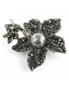 BROSZKA BROSZA SREBRONO -GRAFITOWY KWIAT KWIATEK Z PERŁĄ...
