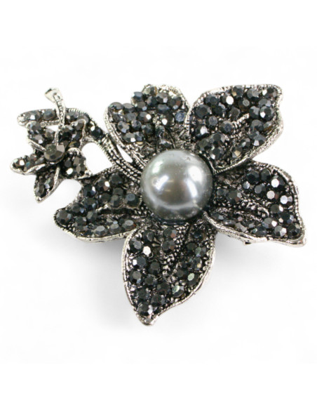 BROSZKA BROSZA SREBRONO -GRAFITOWY KWIAT KWIATEK Z PERŁĄ   LOLITA AKCESORIA