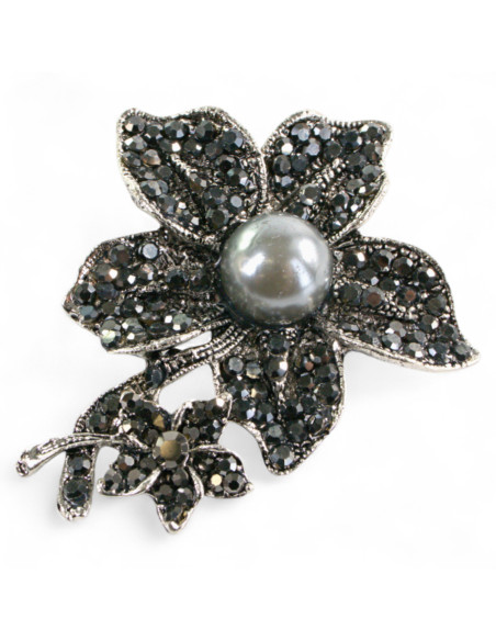 BROSZKA BROSZA SREBRONO -GRAFITOWY KWIAT KWIATEK Z PERŁĄ   LOLITA AKCESORIA