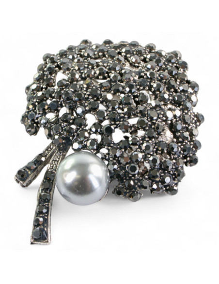 BROSZKA BROSZA SREBRONO -GRAFITOWY KWIAT KWIATEK Z PERŁĄ   LOLITA AKCESORIA