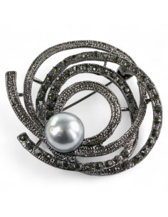 BROSZKA BROSZA SREBRONO -GRAFITOWY ZWIAJAS Z PERŁĄ...