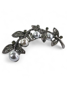 BROSZKA BROSZA SREBRONO -GRAFITOWY GAŁĄZKA  Z PERŁĄ...