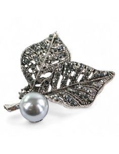 BROSZKA BROSZA SREBRONO -GRAFITOWY LIŚĆ LISTEK  Z PERŁĄ...