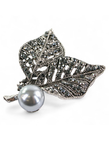 BROSZKA BROSZA SREBRONO -GRAFITOWY LIŚĆ LISTEK...