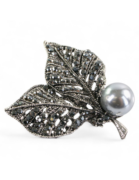 BROSZKA BROSZA SREBRONO -GRAFITOWY LIŚĆ LISTEK  Z PERŁĄ   LOLITA AKCESORIA