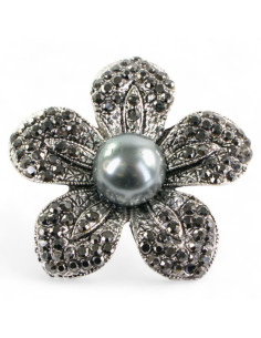 BROSZKA BROSZA SREBRNO - GRAFITOWY KWIAT  Z PERŁĄ LOLITA...