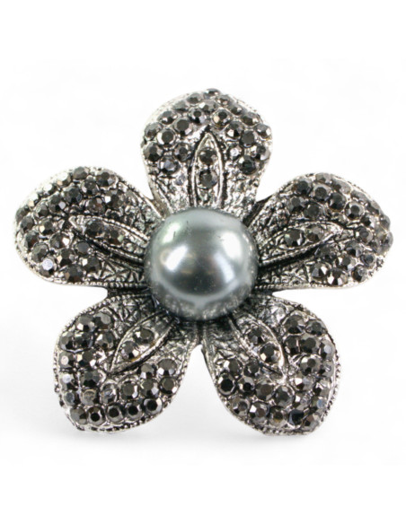 BROSZKA BROSZA SREBRNO - GRAFITOWY KWIAT  Z PERŁĄ LOLITA AKCESORIA