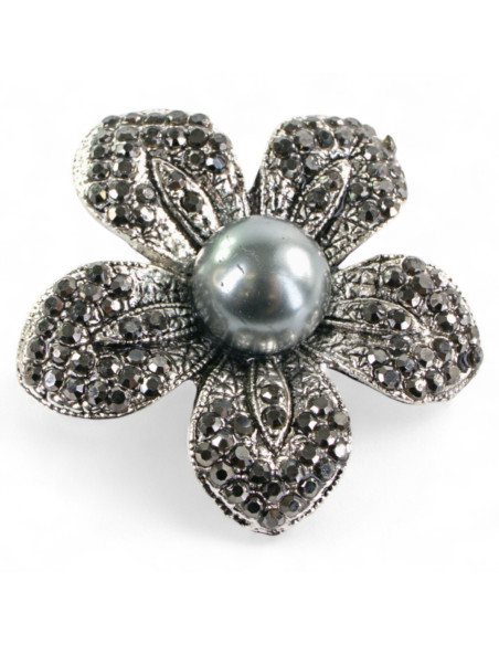BROSZKA BROSZA SREBRNO - GRAFITOWY KWIAT  Z PERŁĄ LOLITA AKCESORIA