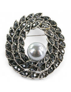 BROSZKA BROSZA SREBRONO -GRAFITOWA ROZETA  Z PERŁĄ LOLITA...