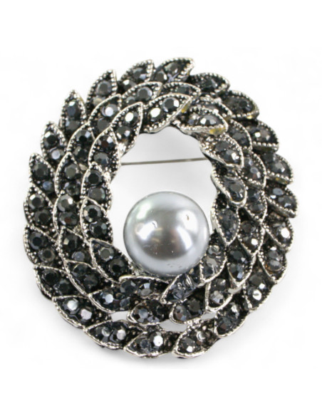 BROSZKA BROSZA SREBRONO -GRAFITOWA ROZETA  Z PERŁĄ LOLITA AKCESORIA