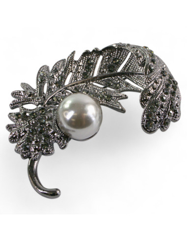 BROSZKA BROSZA GRAFITOWE DUŻE PIÓRO Z PERŁĄ...