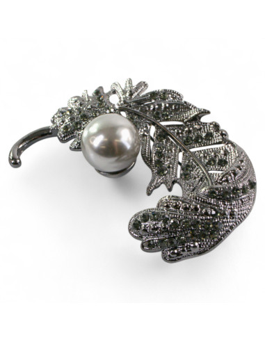 BROSZKA BROSZA GRAFITOWE DUŻE PIÓRO Z PERŁĄ...