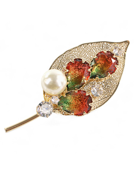 BROSZKA BROSZA ZŁOTY LIŚĆ Z KOLOROWYMI KAMIENIEM LOLITA AKCESORIA