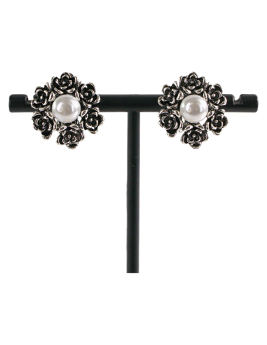 Klipsy do Uszu  SREBRNE RÓŻE  VINTAGE Z PERŁĄ...