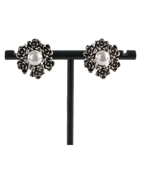 Klipsy do Uszu  SREBRNE RÓŻE  VINTAGE Z PERŁĄ  SREBRNA RÓŻA Lolita Akcesoria