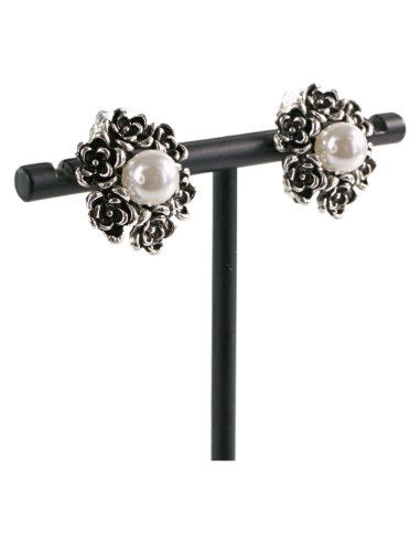 Klipsy do Uszu  SREBRNE RÓŻE  VINTAGE Z PERŁĄ...