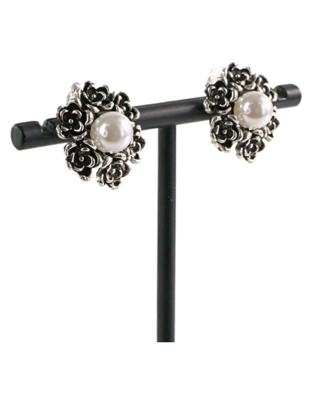 Klipsy do Uszu  SREBRNE RÓŻE  VINTAGE Z PERŁĄ  SREBRNA RÓŻA Lolita Akcesoria