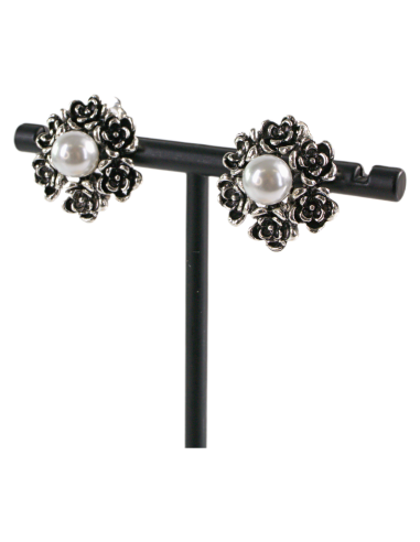 Klipsy do Uszu  SREBRNE RÓŻE  VINTAGE Z PERŁĄ...