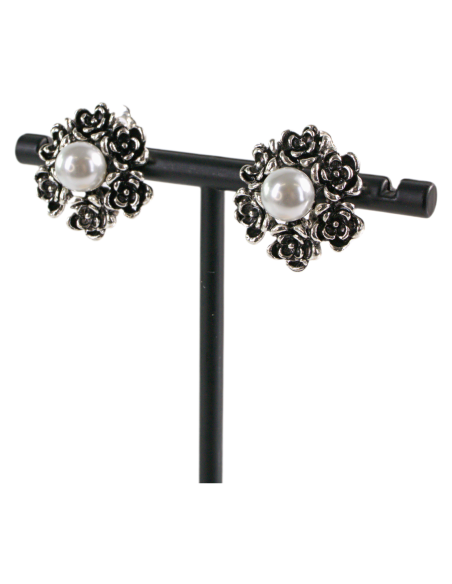 Klipsy do Uszu  SREBRNE RÓŻE  VINTAGE Z PERŁĄ  SREBRNA RÓŻA Lolita Akcesoria