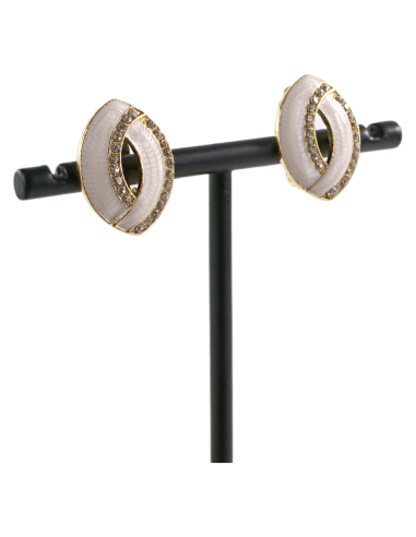 Klipsy do Uszu KREMOWE ECRU ELIPSY Z CYRKONIAMI...