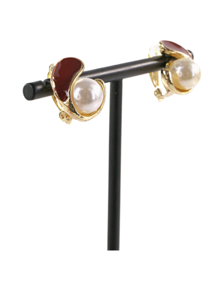 Klipsy do Uszu CZERWONO - BORDOWY  ZAWIJAS Z PERŁĄ Lolita Akcesoria