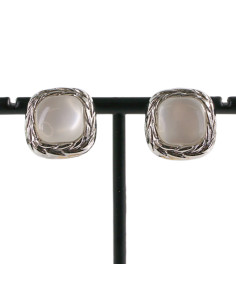 KLIPSY DO USZU SREBRNE KWADRATY "GUZIKI" KOCIE OKO ECRU... 2