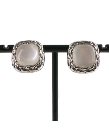 KLIPSY DO USZU SREBRNE KWADRATY "GUZIKI" KOCIE OKO ECRU LOLITA AKCESORIA