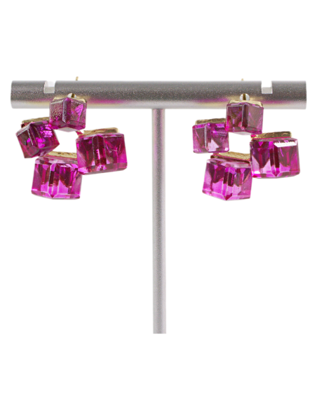 Kolczyki RÓŻOWE KOSTKI KRYSZTAŁY FUKSJA LOLITA AKCESORIA srebrny sztyft 925