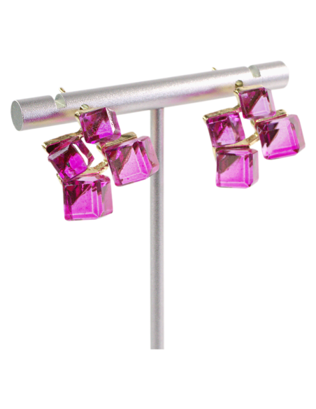 Kolczyki RÓŻOWE KOSTKI KRYSZTAŁY FUKSJA LOLITA AKCESORIA srebrny sztyft 925