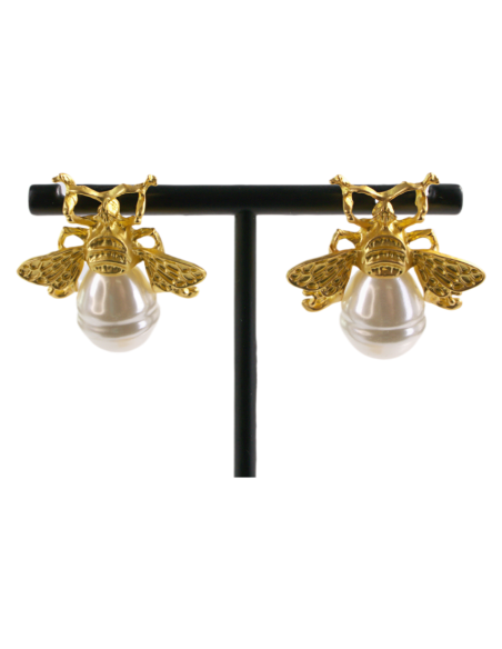 Kolczyki  ZŁOTE MUCHY ZŁOTY OWAD z PERŁĄ AKCESORIA srebrny sztyft 925