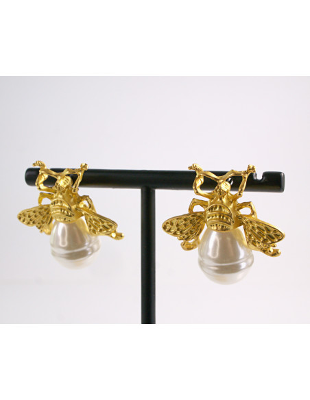 Kolczyki  ZŁOTE MUCHY ZŁOTY OWAD z PERŁĄ AKCESORIA srebrny sztyft 925