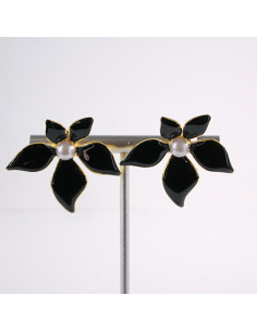 Kolczyki KWIATEK KWIAT Z PERŁĄ CZARNY  STAL CHIRURGICZNA...