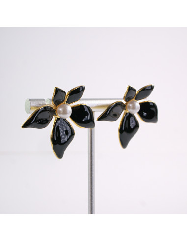 Kolczyki KWIATEK KWIAT Z PERŁĄ CZARNY  STAL...