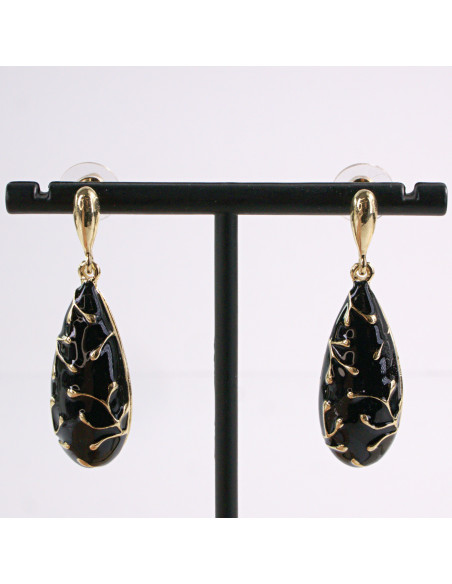 Kolczyki CZARNE WISZĄCE KROPLE ZŁOTY LOLITA AKCESORIA srebrny sztyft 925